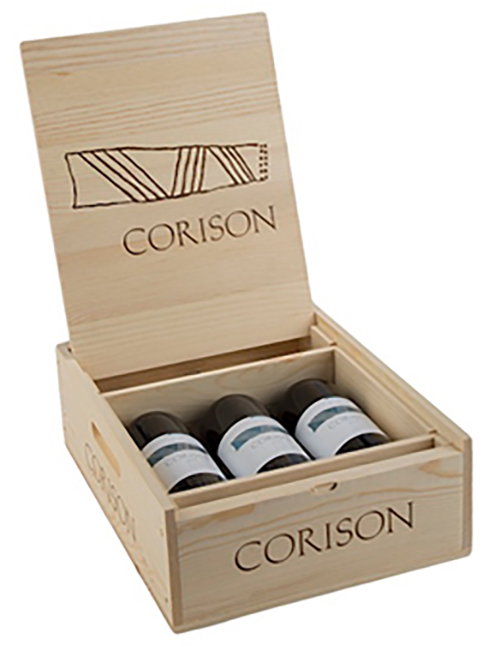 3 bottles of Corison Cabernet Sauvignon in a Corison branded wood box