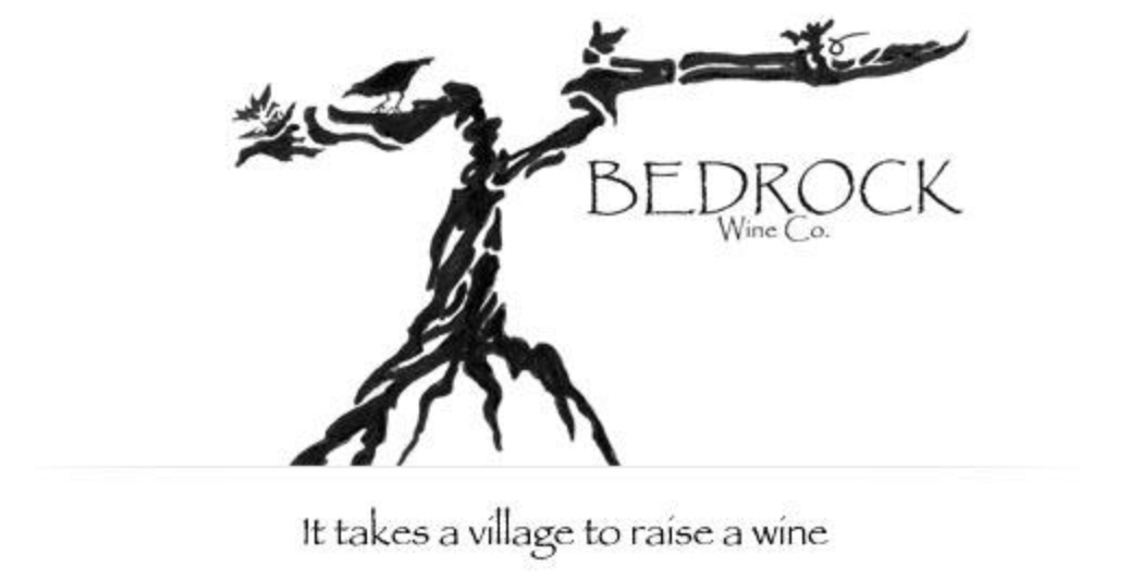 Logo for Bedrock Wine Co, with an image of a grapevine, and the saying, "It takes a village to raise a wine."