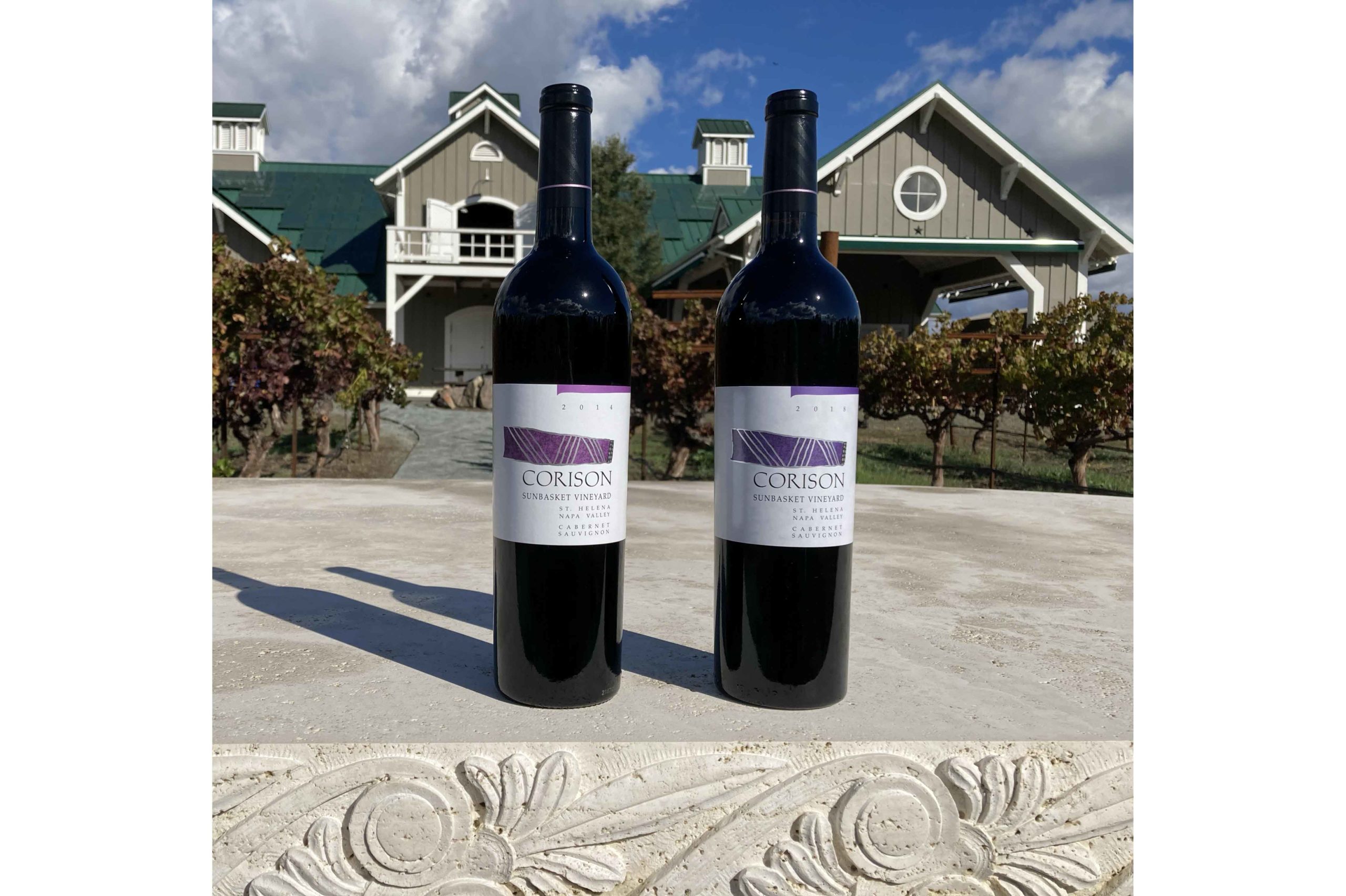 2014 and 2018 Corison Sunbasket Vineyard Cabernet Sauvignon Duet, in front of Corison Winery
