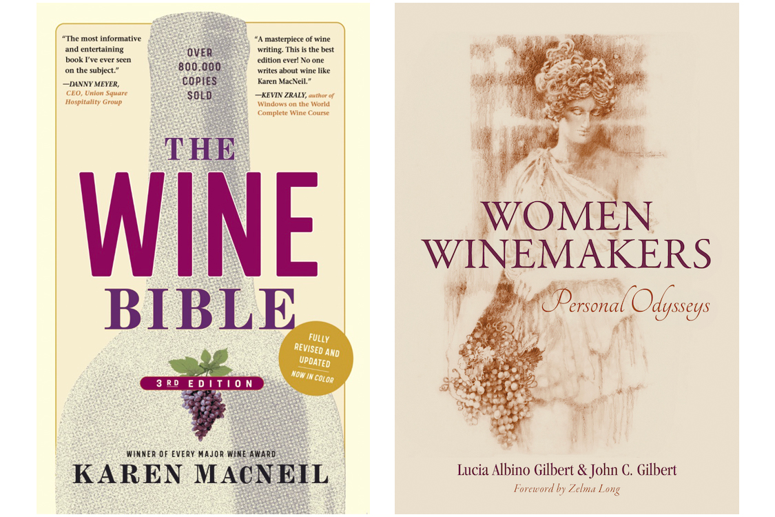 Cover photos of the books The Wine Bible by Karen MacNeil and Women Winemakers by Lucia and John Gilbert