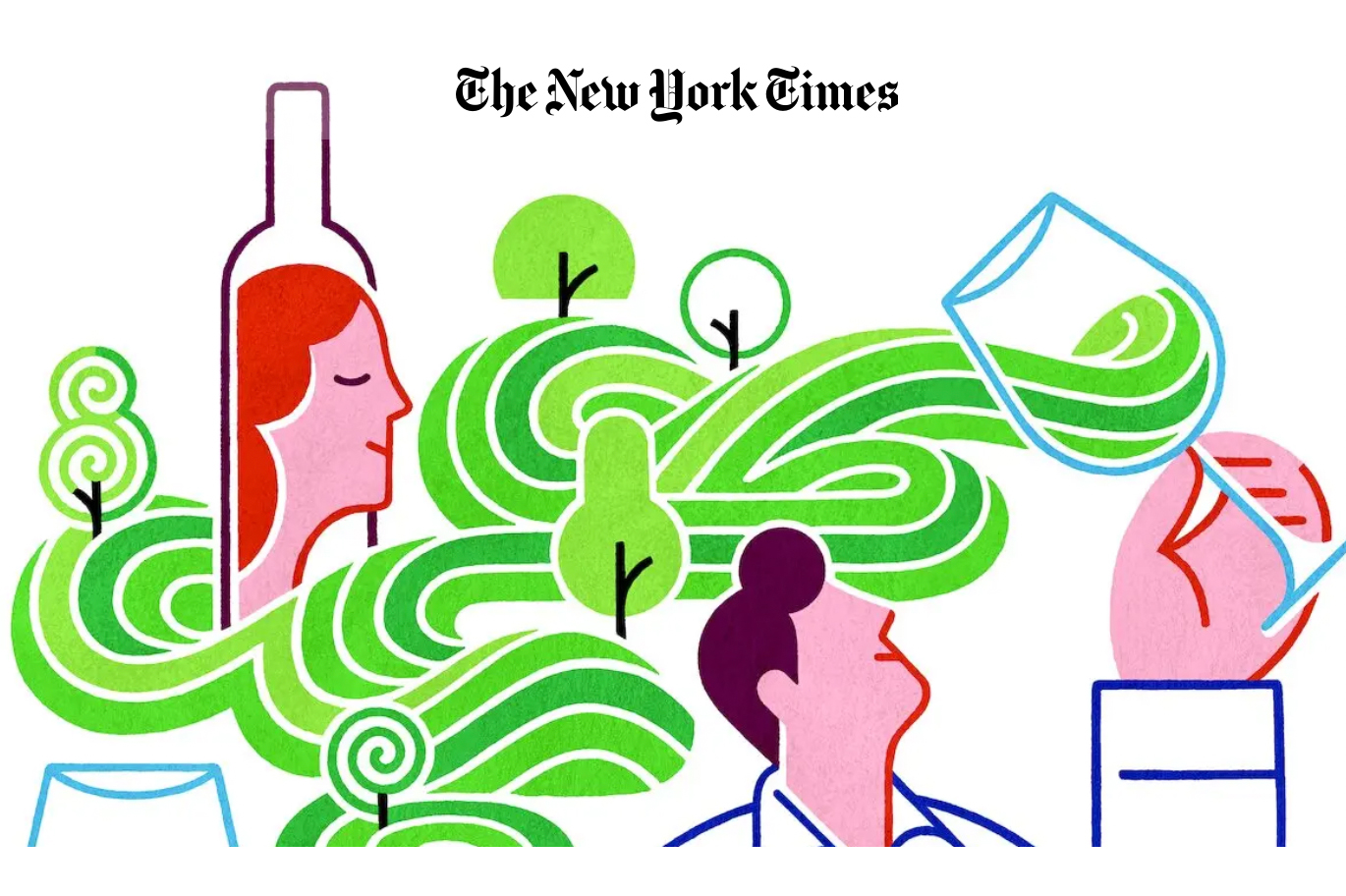 The New York Times - drawing of a woman's profile in a sketch of a wine bottle, and a man swirling wine in a glass. With hills and trees.