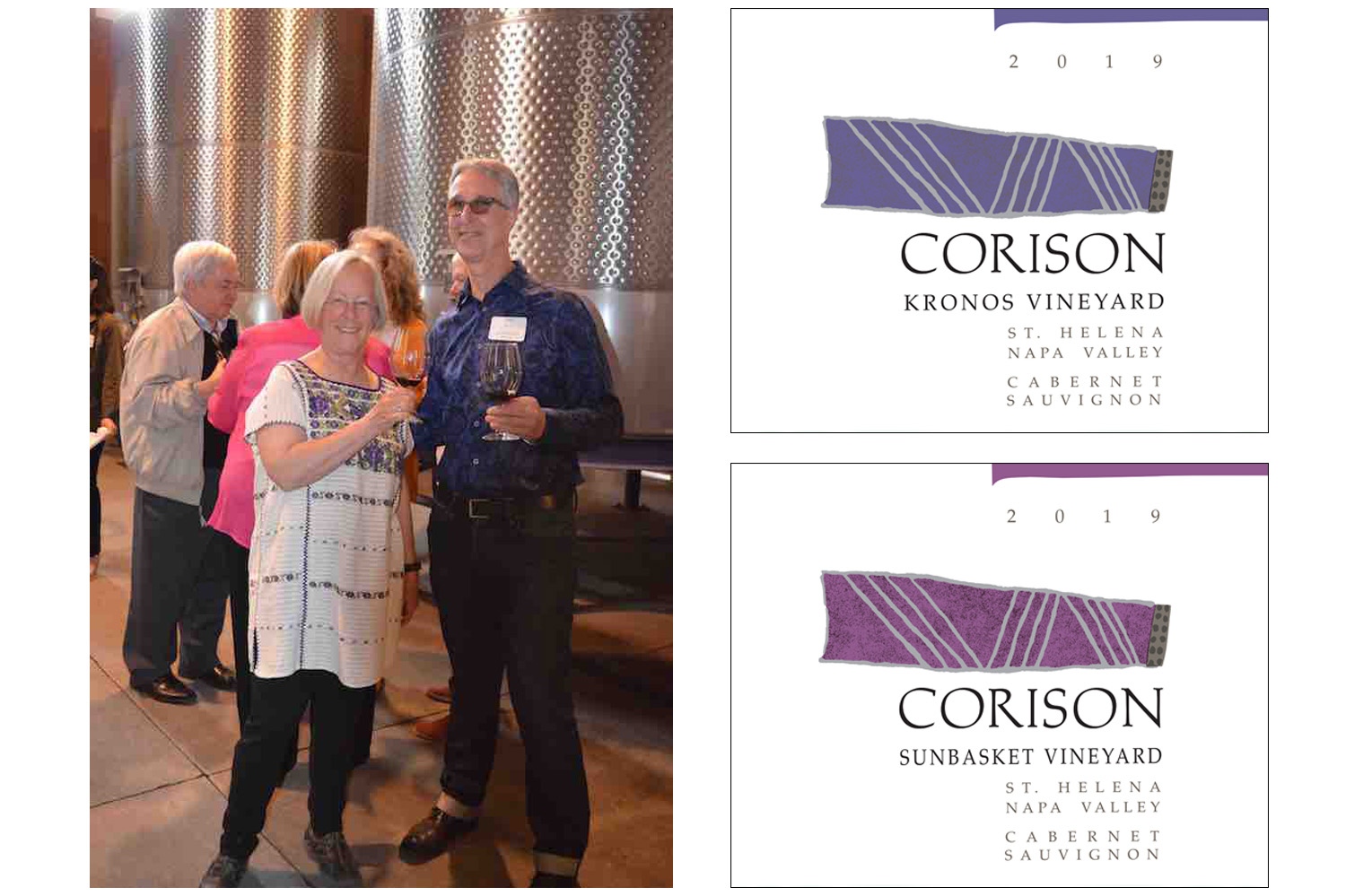 Photo of Cathy Corison and party guest in the tank room at Corison Winery, and labels of the 2019 Corison Kronos Vineyard Cabernet Sauvignon and the 2019 Corison Sunbasket Vineyard Cabernet Sauvignon.