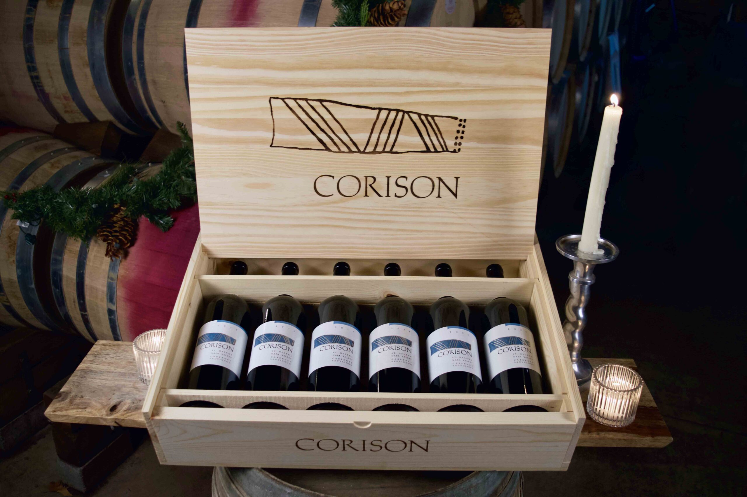 Vertical of the 2015-2020 Corison Napa Valley Cabernet Sauvignon in an engraved wood box
