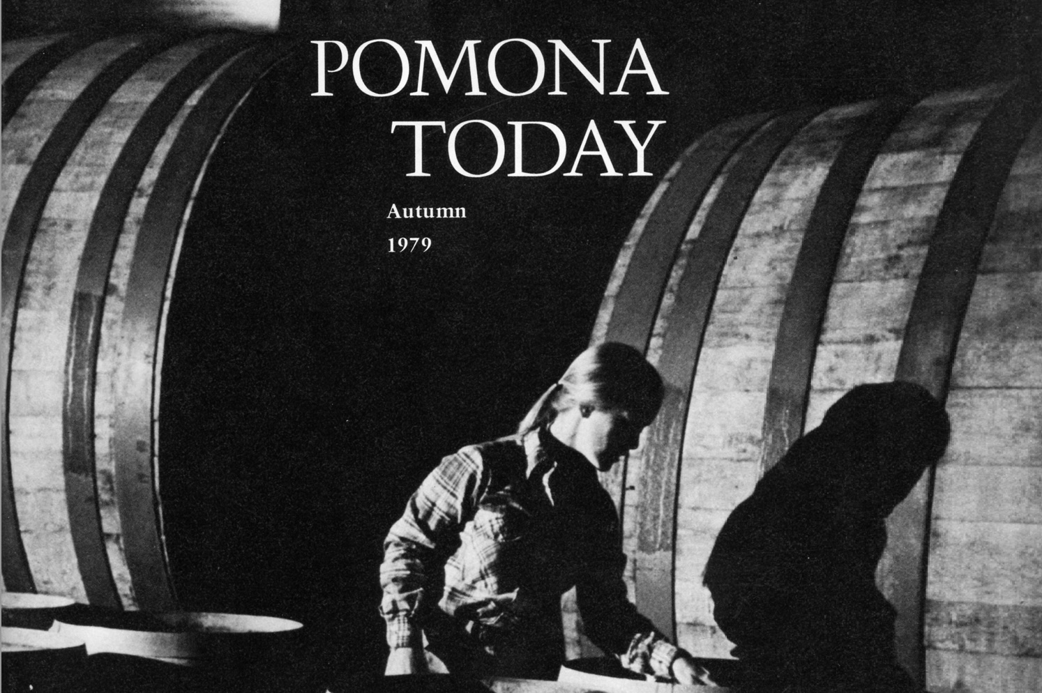 1979 Photo of Cathy Corison working in a winery barrel room, from the Pomona Today magazine dated Autumn 1979