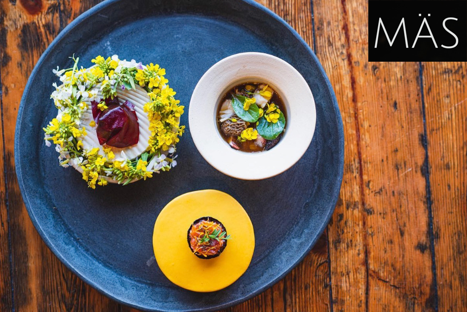 Photo of three beautifully presented dishes of food from Mäs.