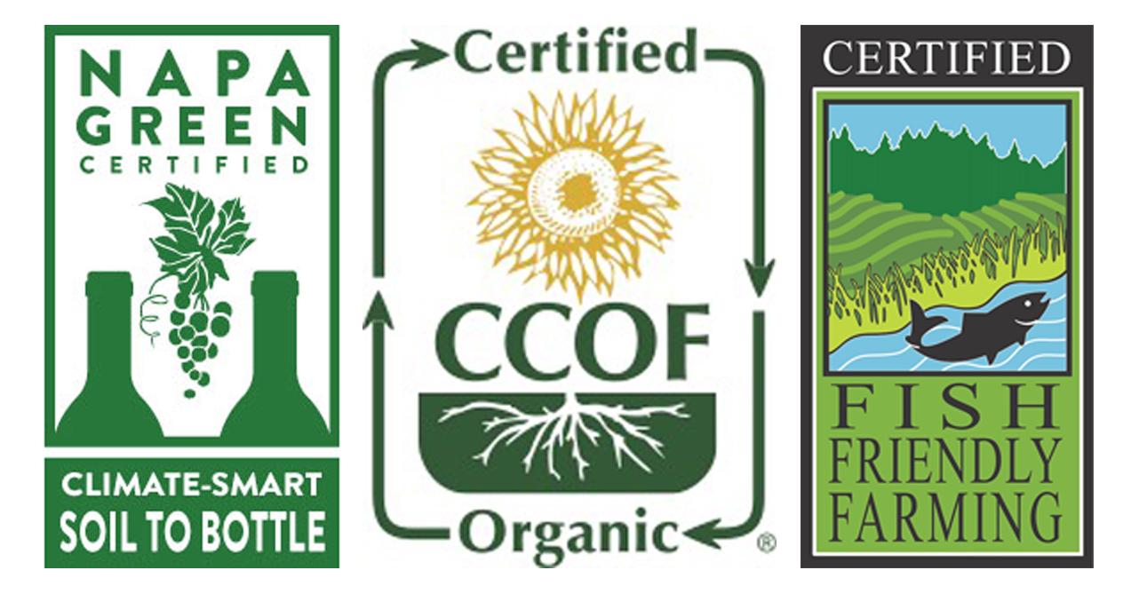 Napa Green Certified Climate-Smart Soil to Bottle Logo, Certified CCOF Organic Logo, Certified Fish Friendly Farming Logo