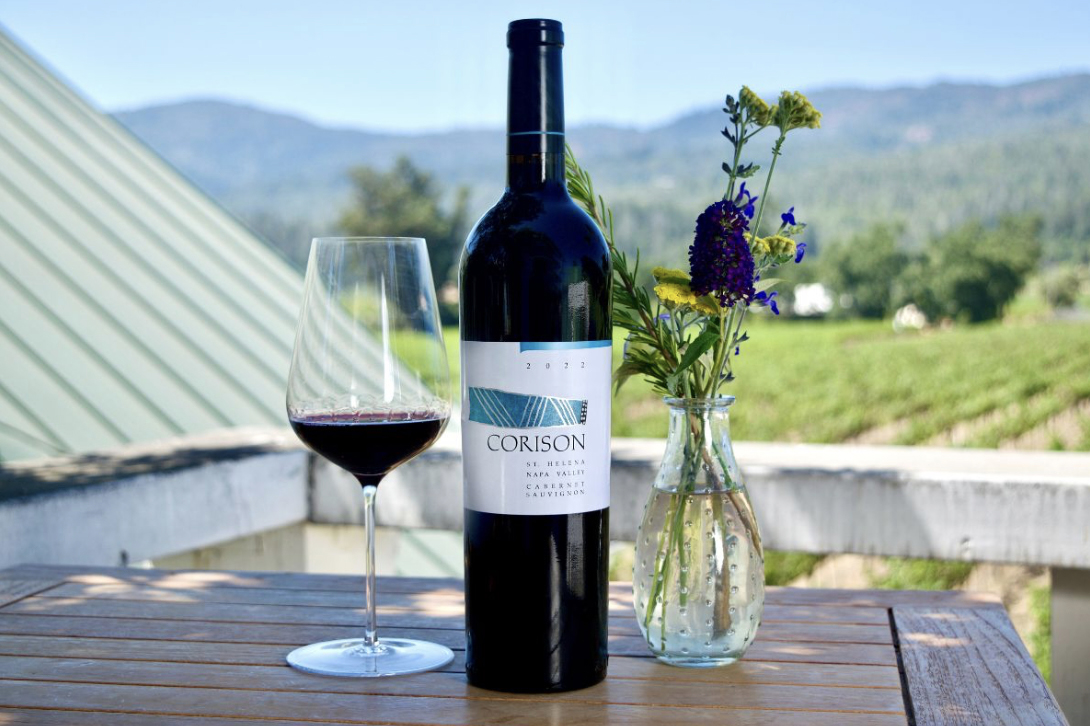 A bottle of the 2022 Corison St. Helena Napa Valley Cabernet Sauvignon on our winery balcony, overlooking Kronos Vineyard.