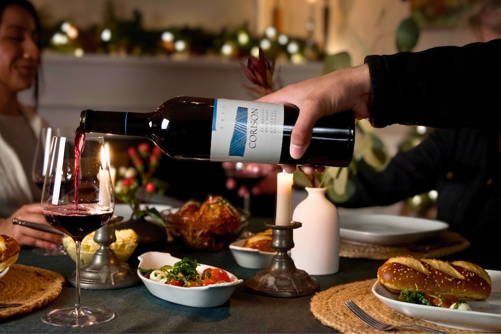 Holiday table with the 2022 Corison St. Helena Napa Valley Cabernet Sauvignon being shared.