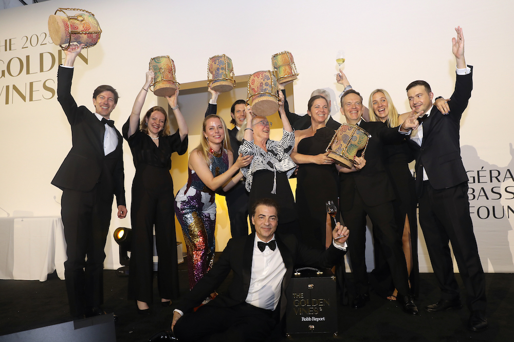 Cathy Corison celebrating receiving the Golden Vines Award with other recipients and the presenters at the event in Miami in November 2025.