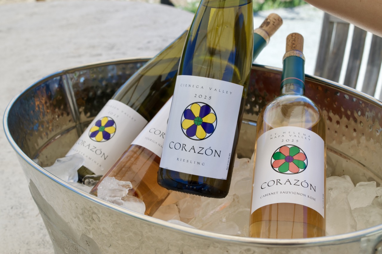 A bottle each of the a bottle each of the Corazón Wirz Vineyard Cienega Valley Riesling, the Corazón Anderson Valley Gewürztraminer, the Corazón Cabernet Sauvignon Rosé and the Corazón Touriga Nacional Rosé.