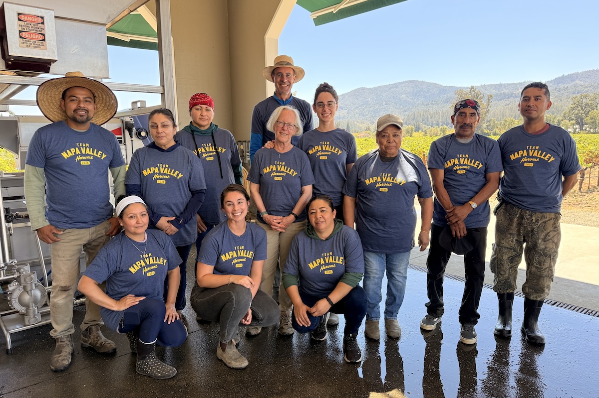 Our harvest team on the crush pad, including the Corison Martin Family.